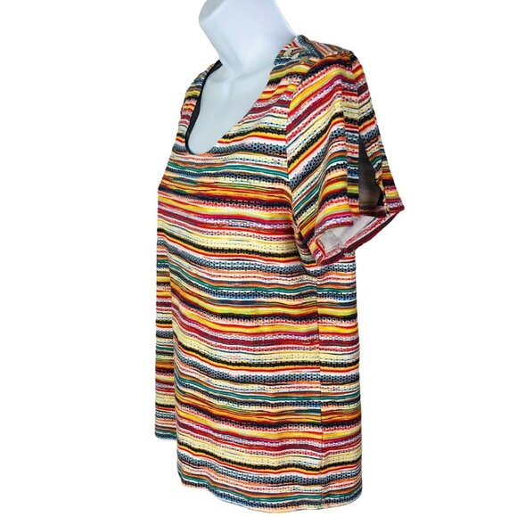 Rafaella Top Size L Large Slit on Short Sleeves Multi Color Stripes Buttons - Picture 4 of 13